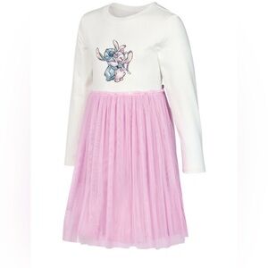 Disney Stitch Girls Dress XS 4-5 Long Sleeve Pink White Cotton NEW